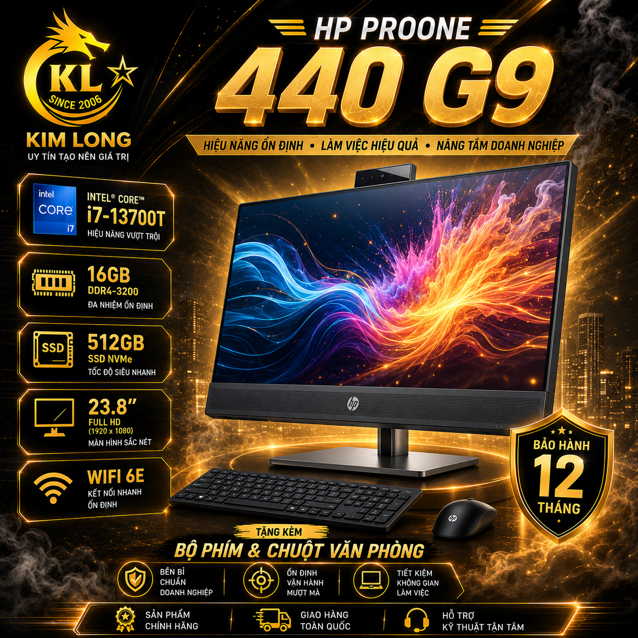 PC AIO HP ProOne 440 G9 (Core i7 13700T/ 16GB DDR4-3200/ SSD 512GB/ 23.8 FHD Non-Touch/ USB K & M/ W11H/ 1Y Onsite)