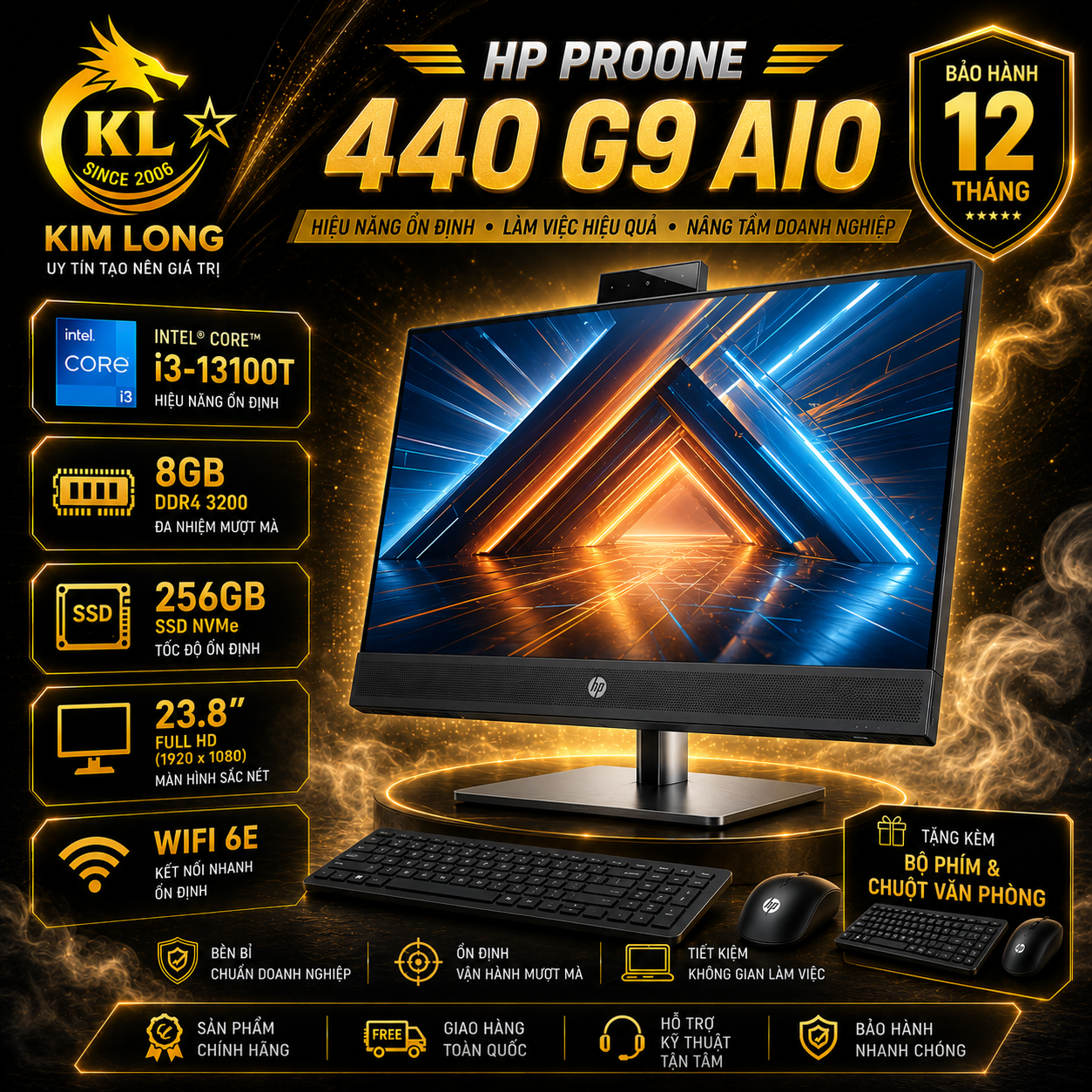 HP ProOne 440 G9 AIO, Intel Core i3 13100T, 8GB DDR 4 3200, SSD 256GB, 23.8 inch FHD Non-Touch, USB Mouse & Keyboard, W11H, 1Y Onsite