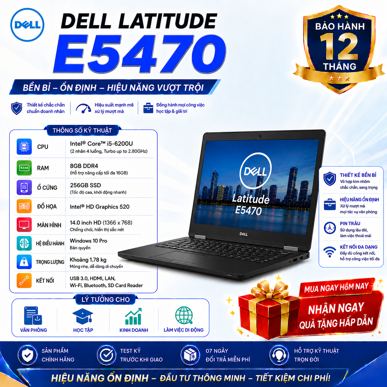 Laptop Dell Latitude E5470/I5-6200U/Ram 8GB/SSD 256GB/14 HD
