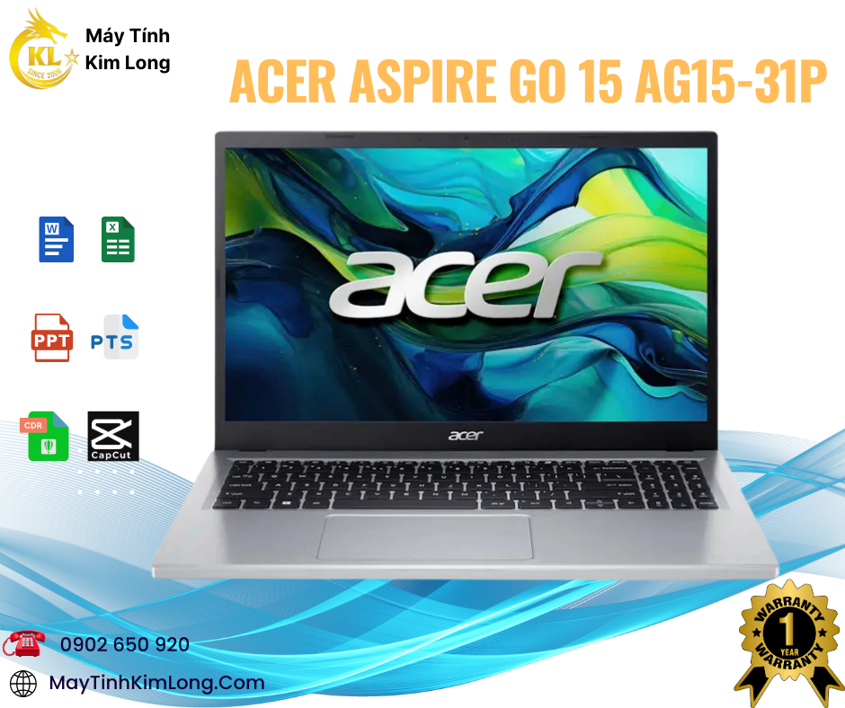 Laptop Acer Aspire Go 15 AG15-31P-32U6 NX.KRPSV.002 (Core i3-N305 | 8GB | 512GB | Intel® UHD Graphics | 15.6 inch IPS FHD | Win 11 | Bạc)