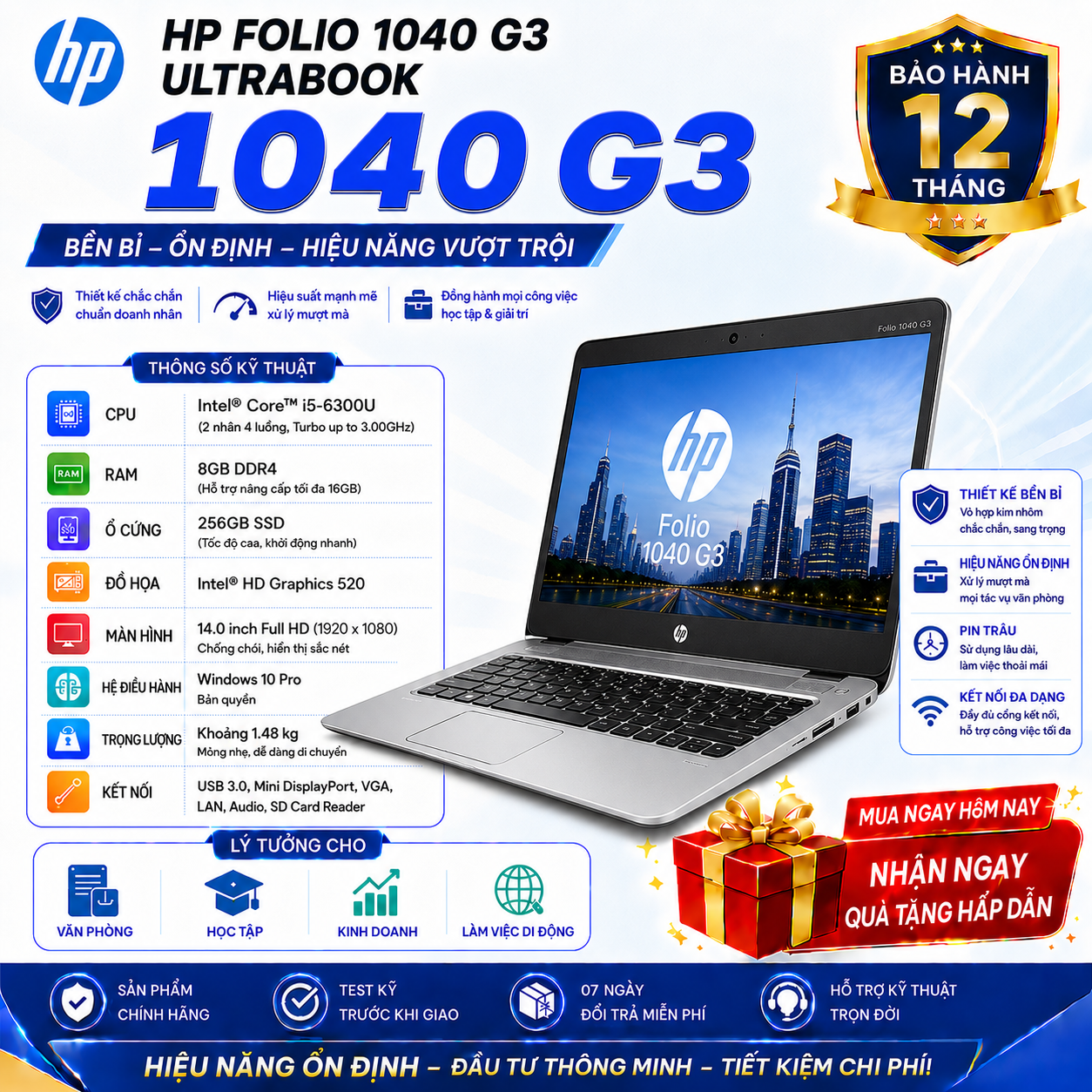 Laptop HP Folio 1040 G3 Ultrabook/I5-6300U/Ram 8GB/SSD 256GB