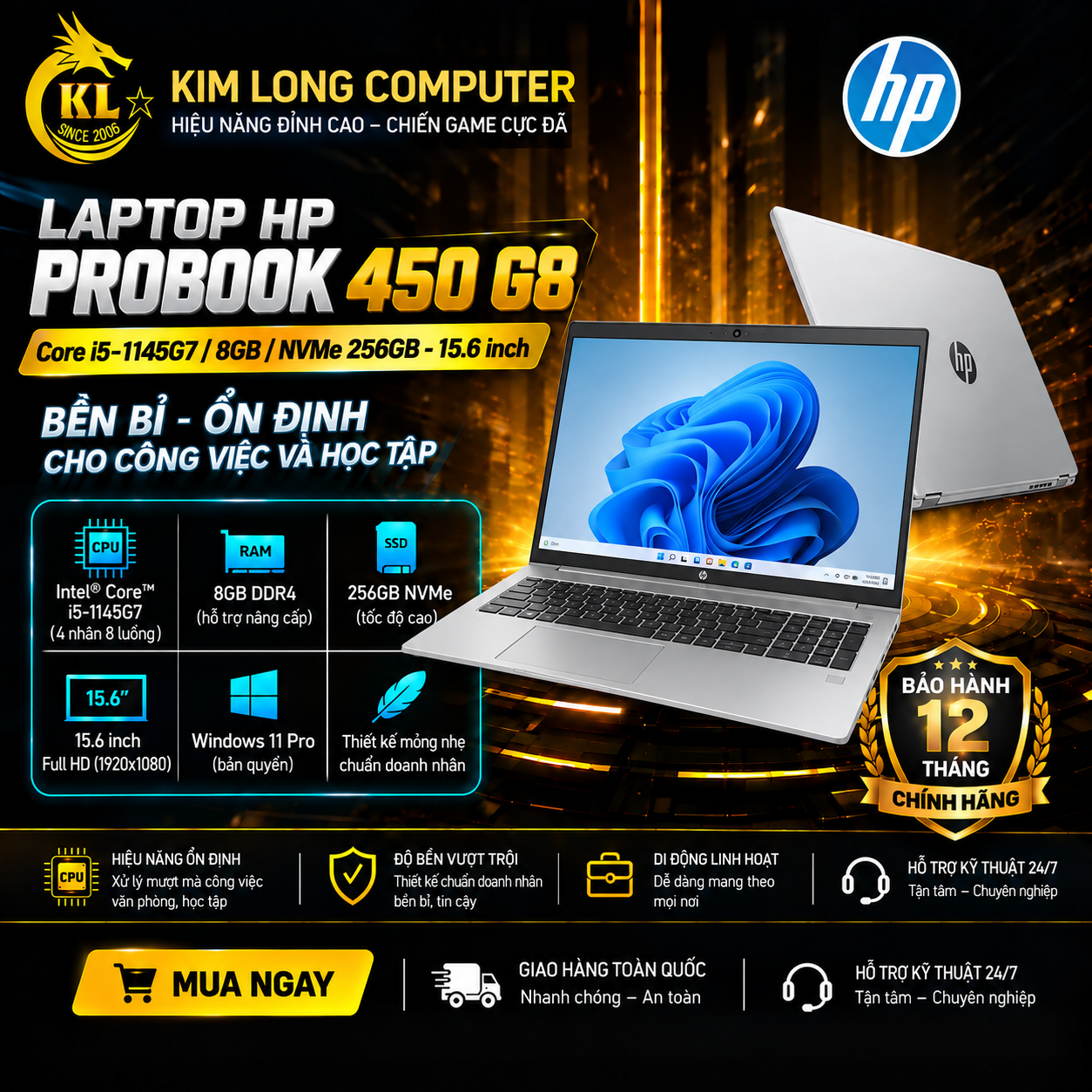 Laptop HP Probook 450 G8 Core i5-1145G7 / 8GB/ Nvme 256GB/ 15.6